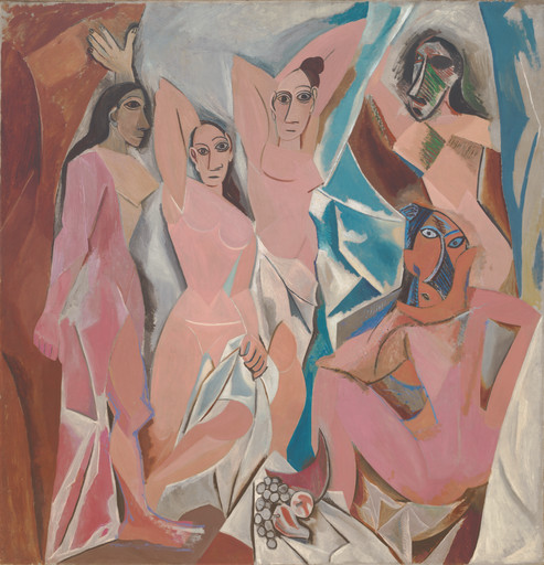 This painting depicts five nude women figures in varied shades of peach and pink. The background consists of abstract shapes and vibrant colors. This is an AI generated description. To give feedback, email ai@moma.org.