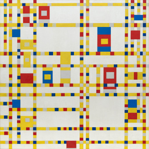 An oil painting featuring a grid of yellow, red, and blue lines on a white background. Several blocks of solid red, blue, and yellow are placed within the grid. This is an AI generated description. To give feedback, email ai@moma.org.