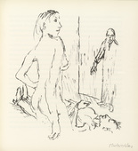 Oskar Kokoschka. Reed Sees the Naked Ann Eliza, Who Killed Doctor Glasberg, Before Him (Reed sieht die nackte Ann Eliza vor sich, die den Arzt Glasberg get&ouml;tet hat) (plate, folio 16) from Ann Eliza Reed. 1952