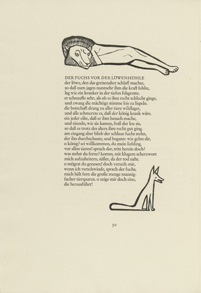 Gerhard Marcks. Reclining Lion (Liegender L&ouml;we) and Fox (Fuchs) (in-text plates, page 30) from Tierfabeln des Aesop (Aesop's Fables). (1950, print executed 1949-50)