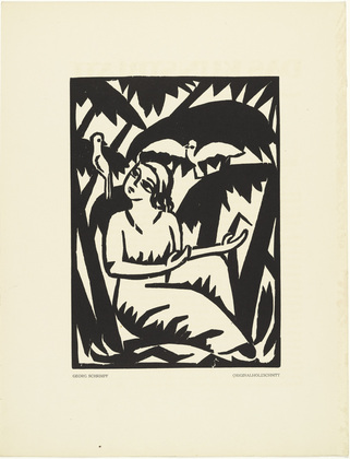 Georg Schrimpf. Untitled (Girl with Doves) [Ohne Titel (M&auml;dchen mit Tauben)] (plate, preceding p. 33) from the periodical Das Kunstblatt, vol. 1, no. 2 (Feb 1917). 1917