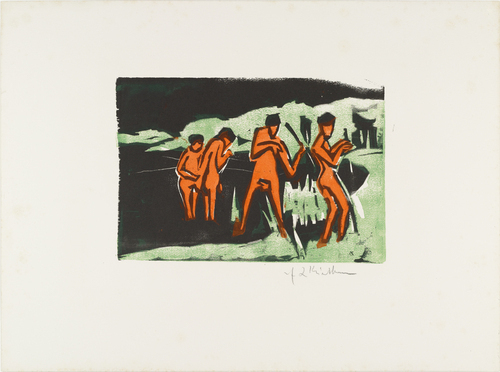 Ernst Ludwig Kirchner. Bathers Throwing Reeds (Mit Schilf werfende Badende) from the portfolio Br&uuml;cke 1910. (1909, published 1910)