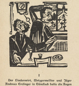 Ernst Ludwig Kirchner. Briggel: The Brothers (Der Briggel: Die Br&uuml;der) (headpiece, page 9) from Neben der Heerstrasse (Off the Main Road). 1923