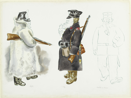 George Grosz. Fritzke and Birkholz: Costume Designs for The Case of Sergeant Grischa (Fritzke und Birkholz: Kost&uuml;mfigurinen zu Der Streit um den Sergeanten Grischa). (c. 1930)