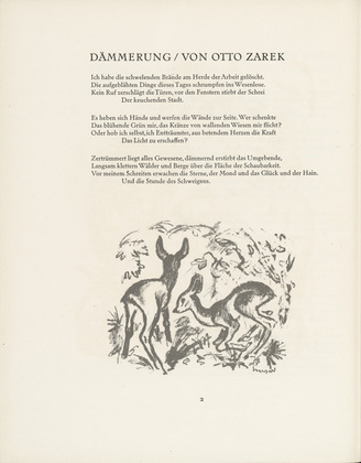 Richard Seewald. Deer (Rehzwillinge) (tailpiece, page 2) from the periodical M&uuml;nchner Bl&auml;tter f&uuml;r Dichtung und Graphik, vol. 1, no. 1 (January 1919). 1919