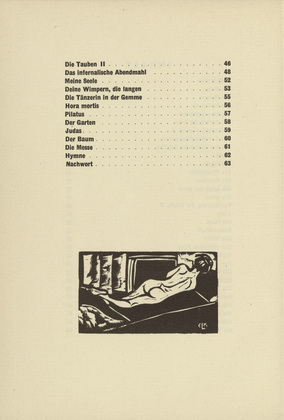 Ernst Ludwig Kirchner. Reclining Nude (Liegender R&uuml;ckenakt) (tailpiece, table of contents) from Umbra Vitae (Shadow of Life). (1905, published 1924)