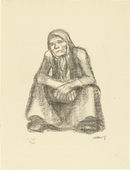 K&auml;the Kollwitz. Frontal Crouching Woman with Crossed Hands (Hockende Frau von vorne mit &uuml;bereinander gelegten H&auml;nden) from the portfolio Seventeen Lithographs (Siebzehn Steinzeichnungen). (1921)
