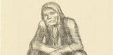 K&auml;the Kollwitz. Frontal Crouching Woman with Crossed Hands (Hockende Frau von vorne mit &uuml;bereinander gelegten H&auml;nden) from the portfolio Seventeen Lithographs (Siebzehn Steinzeichnungen). (1921)