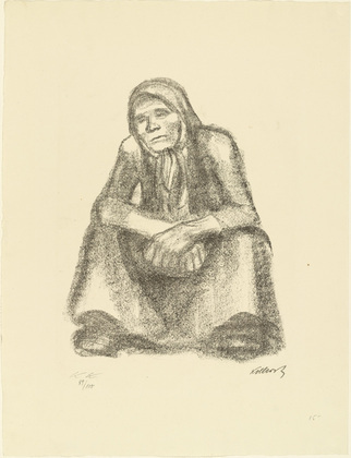 K&auml;the Kollwitz. Frontal Crouching Woman with Crossed Hands (Hockende Frau von vorne mit &uuml;bereinander gelegten H&auml;nden) from the portfolio Seventeen Lithographs (Siebzehn Steinzeichnungen). (1921)