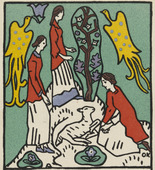 Oskar Kokoschka. Three Girls, a Lamb and Birds of Paradise (Drei M&auml;dchen, Lamm und Paradiesv&ouml;gel) (postcard). (1908)