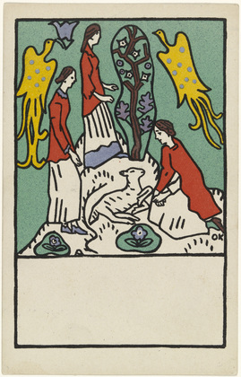 Oskar Kokoschka. Three Girls, a Lamb and Birds of Paradise (Drei M&auml;dchen, Lamm und Paradiesv&ouml;gel) (postcard). (1908)