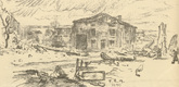 Fritz Rhein. Bullet-Riddled Village (Zerschossenes Dorf) (headpiece, p. 104) from the periodical Kriegszeit. K&uuml;nstlerflugbl&auml;tter, vol. 1, no. 26 (10 Feb 1915). 1915