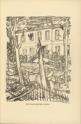 Max Unold. Before a French Country House (Vor einem franz&ouml;sischen Landhaus) (plate, p. 109) from the periodical Kriegszeit. K&uuml;nstlerflugbl&auml;tter, vol. 1, no. 27 (17 Feb 1915). 1915