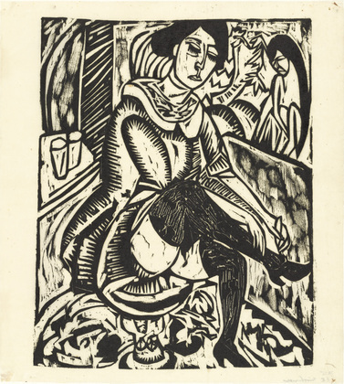 Ernst Ludwig Kirchner. Woman Buttoning Her Shoe (Frau, Schuh zukn&ouml;pfend). (1912, published 1913)