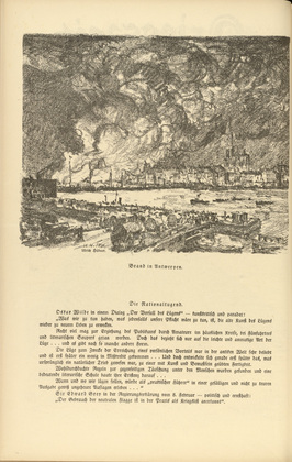Ulrich H&uuml;bner. Fire in Antwerp (Brand in Antwepen)  (headpiece, p. 112) from the periodical Kriegszeit. K&uuml;nstlerflugbl&auml;tter, vol. 1, no. 28 (24 Feb 1915). 1915