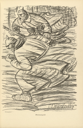 Ernst Barlach. Assault (Sturmangriff) (plate, p. 129) from the periodical Kriegszeit. K&uuml;nstlerflugbl&auml;tter, vol. 1, no. 32 (24 March 1915). 1915