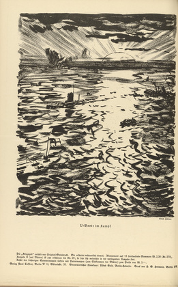 Ulrich H&uuml;bner. U-boats in Battle (U-Boote im Kampf) (in-text plate, p. 130) from the periodical Kriegszeit. K&uuml;nstlerflugbl&auml;tter, vol. 1, no. 32 (24 March 1915). 1915