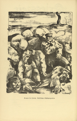Willy Jaeckel. Grimaces of Death (Fratzen des Todes) (plate, p. 136) from the periodical Kriegszeit. K&uuml;nstlerflugbl&auml;tter, vol. 1, no. 34 (7 April 1915). 1915