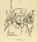 Erich B&uuml;ttner. Drafted (Self-Portrait) [Einberufen (Selbstbildnis)] (plate, p. 140) from the periodical Kriegszeit. K&uuml;nstlerflugbl&auml;tter, vol. 1, no. 35 (14 April 1915). 1915