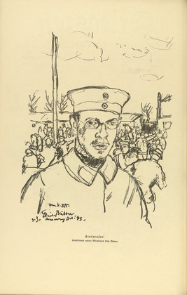 Erich B&uuml;ttner. Drafted (Self-Portrait) [Einberufen (Selbstbildnis)] (plate, p. 140) from the periodical Kriegszeit. K&uuml;nstlerflugbl&auml;tter, vol. 1, no. 35 (14 April 1915). 1915