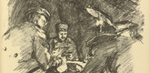 Fritz Rhein. In the Bomb Shelter (Im Alarmkeller) (plate, p. 141) from the periodical Kriegszeit. K&uuml;nstlerflugbl&auml;tter, vol. 1, no. 35 (14 April 1915). 1915