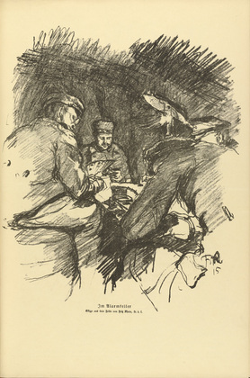 Fritz Rhein. In the Bomb Shelter (Im Alarmkeller) (plate, p. 141) from the periodical Kriegszeit. K&uuml;nstlerflugbl&auml;tter, vol. 1, no. 35 (14 April 1915). 1915