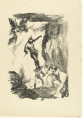 Max Slevogt. Unca Jumps Down to Save Cora (Unkas springt herab um Cora zu retten) from the supplementary suite accompanying the illustrated book Lederstrumpf-Erz&auml;hlungen (The Leatherstocking Tales). (1908, published 1909)