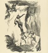 Max Slevogt. Unca Jumps Down to Save Cora (Unkas springt herab um Cora zu retten) from the supplementary suite accompanying the illustrated book Lederstrumpf-Erz&auml;hlungen (The Leatherstocking Tales). (1908, published 1909)