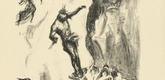 Max Slevogt. Unca Jumps Down to Save Cora (Unkas springt herab um Cora zu retten) from the supplementary suite accompanying the illustrated book Lederstrumpf-Erz&auml;hlungen (The Leatherstocking Tales). (1908, published 1909)