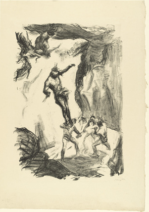 Max Slevogt. Unca Jumps Down to Save Cora (Unkas springt herab um Cora zu retten) from the supplementary suite accompanying the illustrated book Lederstrumpf-Erz&auml;hlungen (The Leatherstocking Tales). (1908, published 1909)