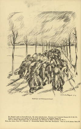 Wilhelm Wagner. Return to the Prison Camp (R&uuml;ckkehr ins Gefangenenlager) (in-text plate, p. 150) from the periodical Kriegszeit. K&uuml;nstlerflugbl&auml;tter, vol. 1, no. 37 (28 April 1915). 1915