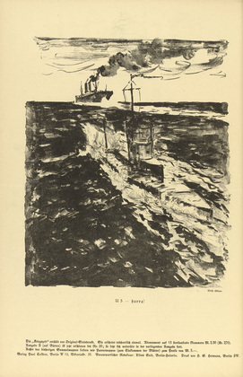 Ulrich H&uuml;bner. Hurray for the U-5 (U-5 hurra!) (in-text plate, p. 154) from the periodical Kriegszeit. K&uuml;nstlerflugbl&auml;tter, vol. 1, no. 38 (5 May 1915). 1915