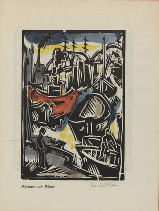 Bernhard Klein. Tugboat and Barges (Schlepper und K&auml;hne) (plate, page 11) from the periodical Der schwarze Turm, vol. 1, no. 2 (Apr 1919). 1919