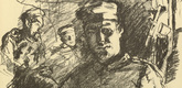 Fritz Rhein. In the Foxhole (Im Unterstand) (headpiece, p. 157) from the periodical Kriegszeit. K&uuml;nstlerflugbl&auml;tter, vol. 1, no. 39 (12 May 1915). 1915