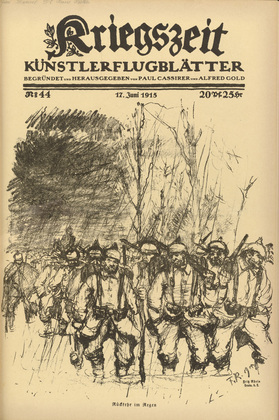 Fritz Rhein. Return in the Rain (R&uuml;ckkehr im Regen) (in-text plate, p. 175) from the periodical Kriegszeit. K&uuml;nstlerflugbl&auml;tter, vol. 1, no. 44 (17 June 1915). 1915