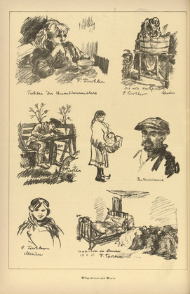Friedrich Tischler. Sheet of Sketches from Menin (Skizzenblatt aus Menin) (plate, p. 176) from the periodical Kriegszeit. K&uuml;nstlerflugbl&auml;tter, vol. 1, no. 44 (17 June 1915). 1915