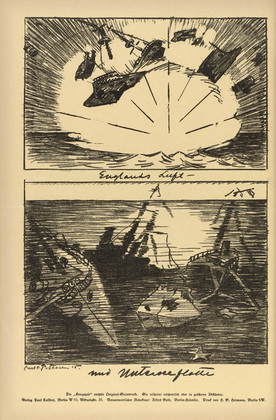 Carl Olof Petersen. England's Air and Submarine Fleet (Englands Luft- und Unterseeflotte) (plate, p. 194) from the periodical Kriegszeit. K&uuml;nstlerflugbl&auml;tter, vol. 1, no. 48 (18 July 1915). 1915