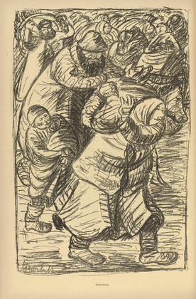 Ernst Barlach. Evacuation (Evakuierung) (plate, p. 200) from the periodical Kriegszeit. K&uuml;nstlerflugbl&auml;tter, vol. 1, no. 50 (5 Aug 1915). 1915