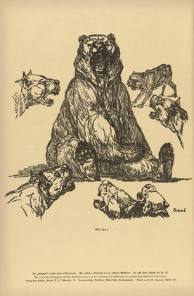 August Gaul. The Bear Held at Bay (Der gestellte B&auml;r) (plate, p. 202) from the periodical Kriegszeit. K&uuml;nstlerflugbl&auml;tter, vol. 1, no. 50 (5 Aug 1915). 1915