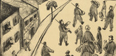 J&oacute;zsef Arp&aacute;d Murmann. German Prisoner Transport in France: Exodus from Chartres (Deutscher Gefangenentransport in Frankreich: Auszug aus Chartres) (headpiece, p. 208) from the periodical Kriegszeit. K&uuml;nstlerflugbl&auml;tter, vol. 1, no. 52 (31 Aug 1915). 1915
