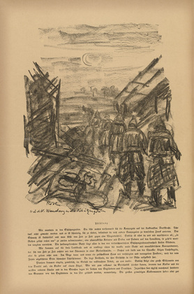 Waldemar R&ouml;sler. Wandering Through the Trenches at Night (N&auml;chtliche Wanderung in den Sch&uuml;tzengr&auml;ben) (headpiece, p. 216) from the periodical Kriegszeit. K&uuml;nstlerflugbl&auml;tter, vol. 1, no. 54 (1 Oct 1915). 1915