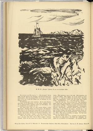 Ulrich H&uuml;bner. His Majesty's Ship 'Ayesha' (Emden II) vor der arabischen K&uuml;ste (S.M.S. 'Ayesha' [Emden II] at the Arab Coast) (plate, p. 118) from the periodical Kriegszeit. K&uuml;nstlerflugbl&auml;tter, vol. 1, no. 29 (3 March 1915). 1915