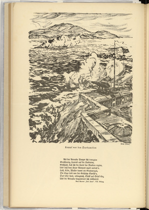Ulrich H&uuml;bner. Battle at the Dardanelles (Kampf vor den Dardanellen) (plate, p. 120) from the periodical Kriegszeit. K&uuml;nstlerflugbl&auml;tter, vol. 1, no. 30 (10 March 1915). 1915