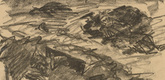 Waldemar R&ouml;sler. Artillery Shells Undigging the Dead (Die Granaten decken die Begrabenen wieder auf) (plate, p. 218) from the periodical Kriegszeit. K&uuml;nstlerflugbl&auml;tter, vol. 1, no. 54 (1 Oct 1915). 1915