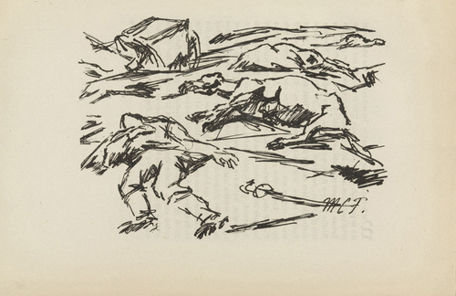 Maria Caspar-Filser. Untitled (Fallen Warrior) (plate, [p. 3]) from the periodical Zeit-Echo. Ein Kriegs-Tagebuch der K&uuml;nstler, vol. 1, no. 1 (Aug 1914). 1914