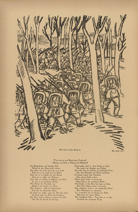 Max Unold. March through the Woods (Marsch durchs Geh&ouml;lz) (headpiece, p. 232) from the periodical Kriegszeit. K&uuml;nstlerflugbl&auml;tter, vol. 1, no. 58 (Dec 1915). 1915