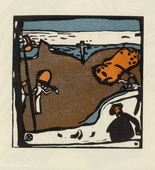 Vasily Kandinsky. Landscape with Figures and Crucifix (Landschaft mit Figuren und Kruzifix) (plate, folio 49) from Kl&auml;nge (Sounds). (1913)