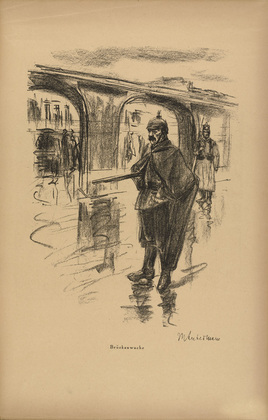 Max Liebermann. Keeping Watch at the Bridge (Br&uuml;ckenwache) (plate, p. 259) from the periodical Kriegszeit. K&uuml;nstlerflugbl&auml;tter, vol. 1, no. 64/65 (March 1916). 1916