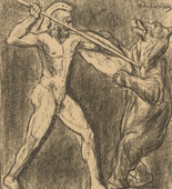 Max Liebermann. Hercules-Hindenburg Slays the Russian Bear (Herkules-Hindenburg erschl&auml;gt den russischen B&auml;ren)  (in-text plate, p. 24) from the periodical Kriegszeit. K&uuml;nstlerflugbl&auml;tter, vol. 1, no. 6 (30 Sept 1914). 1914