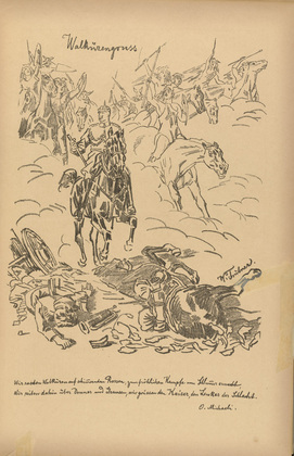 Wilhelm Tr&uuml;bner. Greeting of the Valkyries (Walk&uuml;rengru&szlig;) (plate, p. 27) from the periodical Kriegszeit. K&uuml;nstlerflugbl&auml;tter, vol. 1, no. 7 (7 Oct 1914). 1914